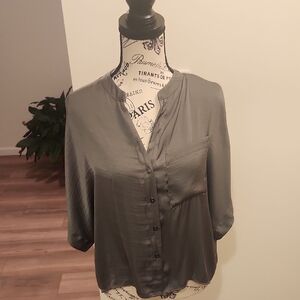 Gray Relaxed Button Down Blouse with 3/4 Sleeves